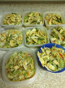 1.  Slice cabbage into small shreds.  Add to saute pan with about a cup of water.  Turn on medium and steam, stirring lightly until tender. 2.  In large pot add frozen veggies and a little water and put lid on.  Turn on high and let heat through.  Veggies will give off liquid so don't add a lot of water. 3.  When cabbage is tender add to veggie pot. 4.  In small pot add oil, vinegar, tamari, onion, garlic, black and red pepper and ginger.  Heat on low to get spices activated. 5.  In medium pot add noodles.  I broke all my noodles in half so the portions would look big but not overly carbed out. 6.  Cut chick'n pieces into smaller ones and saute with 1 tbsp oil.  Doesn't take long. 7.  Add sauce to veggies and blend. 8.  Add noodles to pot and blend. 9.  Portion out veggie/noodle mixture then add chick'n to each portion.