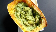 Vegan and Gluten-Free Green Chili Pesto Smothered Spaghetti Squash