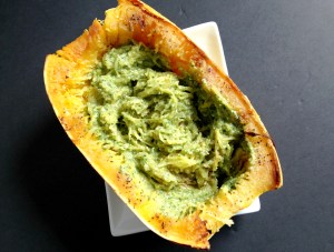 Vegan and Gluten-Free Green Chili Pesto Smothered Spaghetti Squash