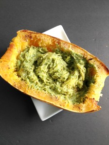 Vegan and Gluten-Free Green Chili Pesto Smothered Spaghetti Squash