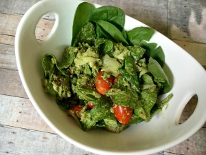 This vegan and gluten-free Spinach Pesto Salad is wonderful cold or warm!