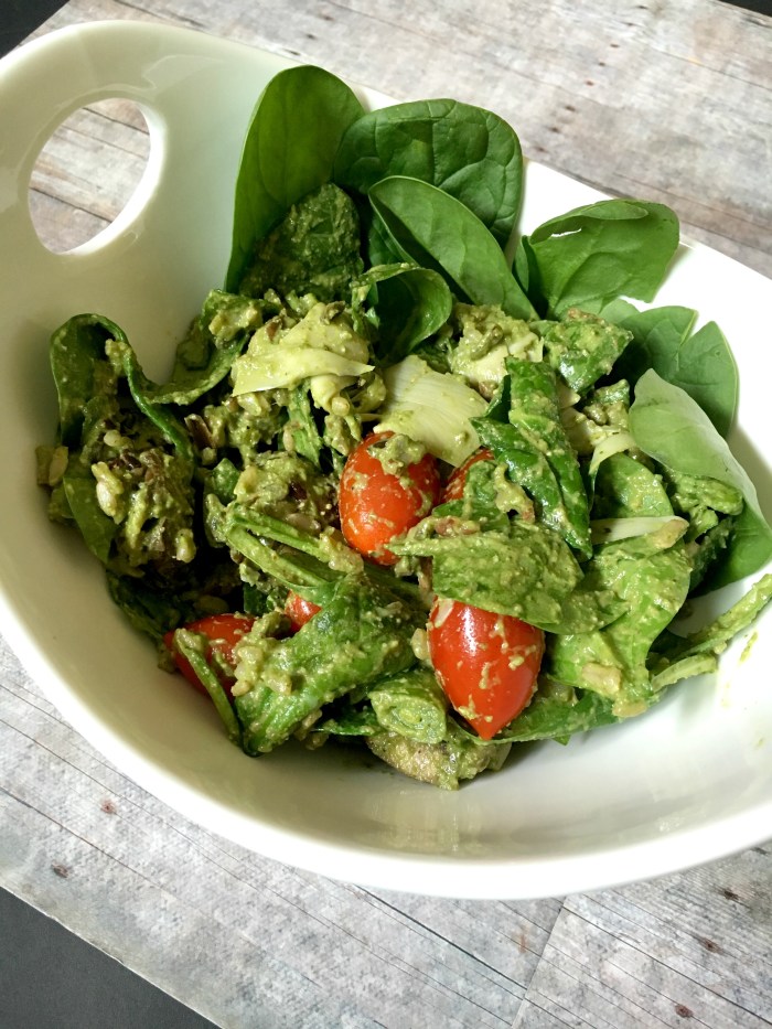 This vegan and gluten-free Spinach Pesto Salad is wonderful cold or warm!